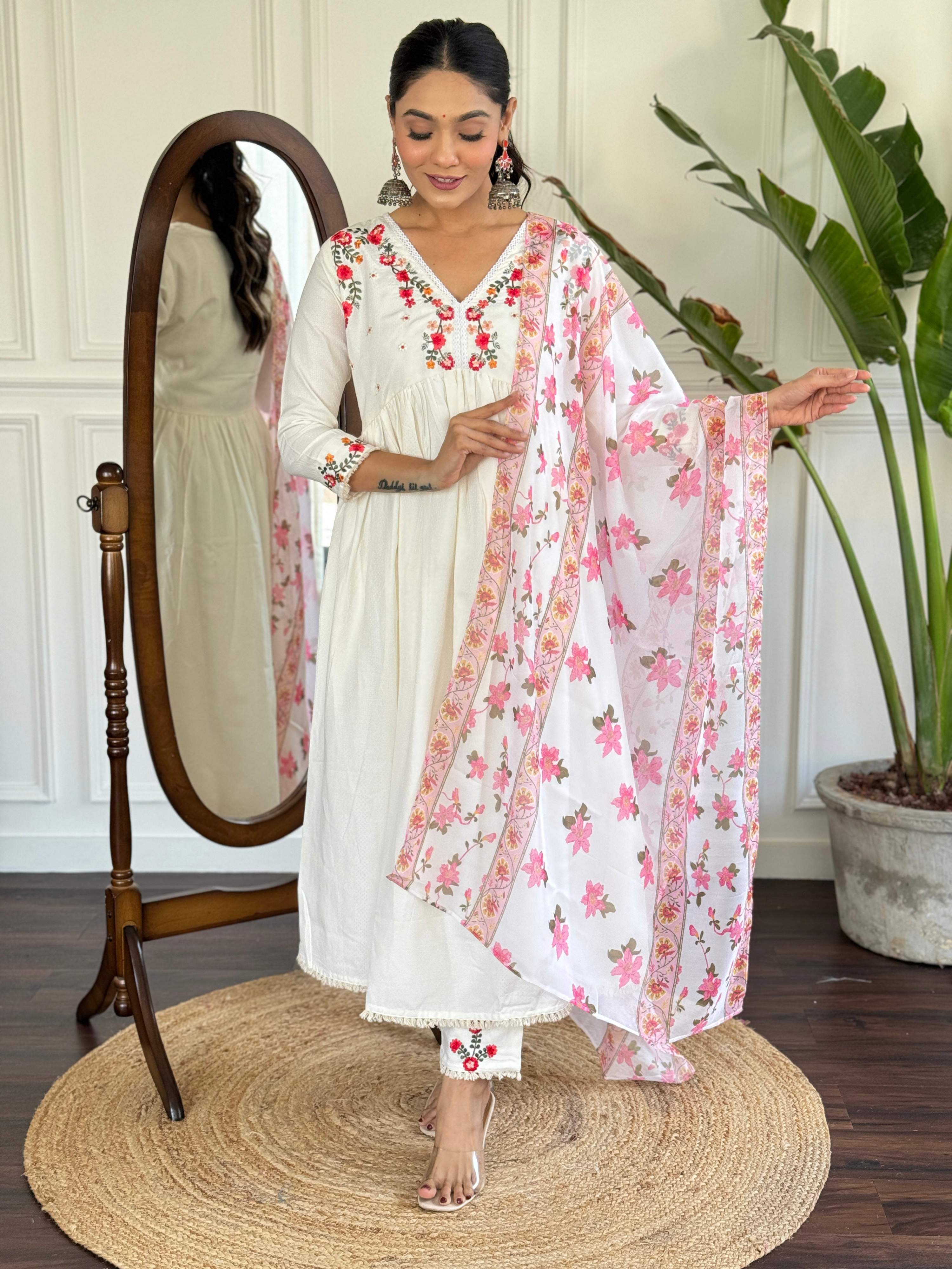 The52 Women's Off White Viscose Rayon Embroidered Flared Kurta, Pant and Dupatta Set - Distacart