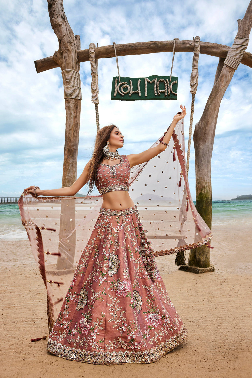 House of Panchhi Rose Gold Net Sequins, Moti, Mirror And Thread Embroidery Lehenga Choli & Dupatta