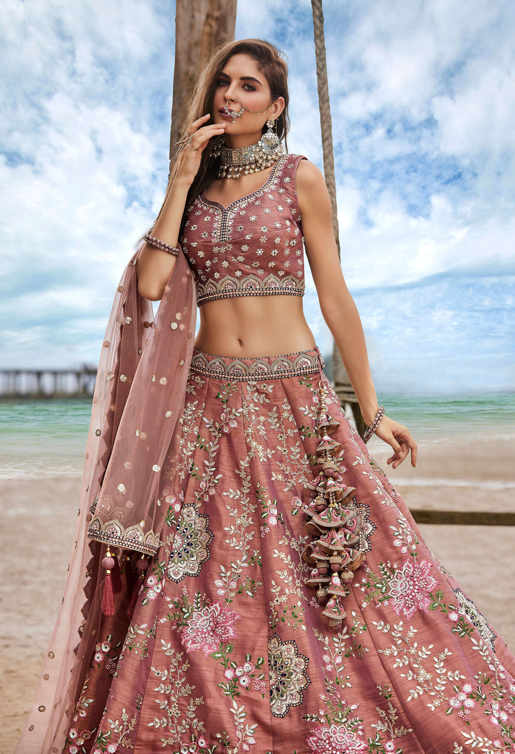 House of Panchhi Rose Gold Net Sequins, Moti, Mirror And Thread Embroidery Lehenga Choli & Dupatta