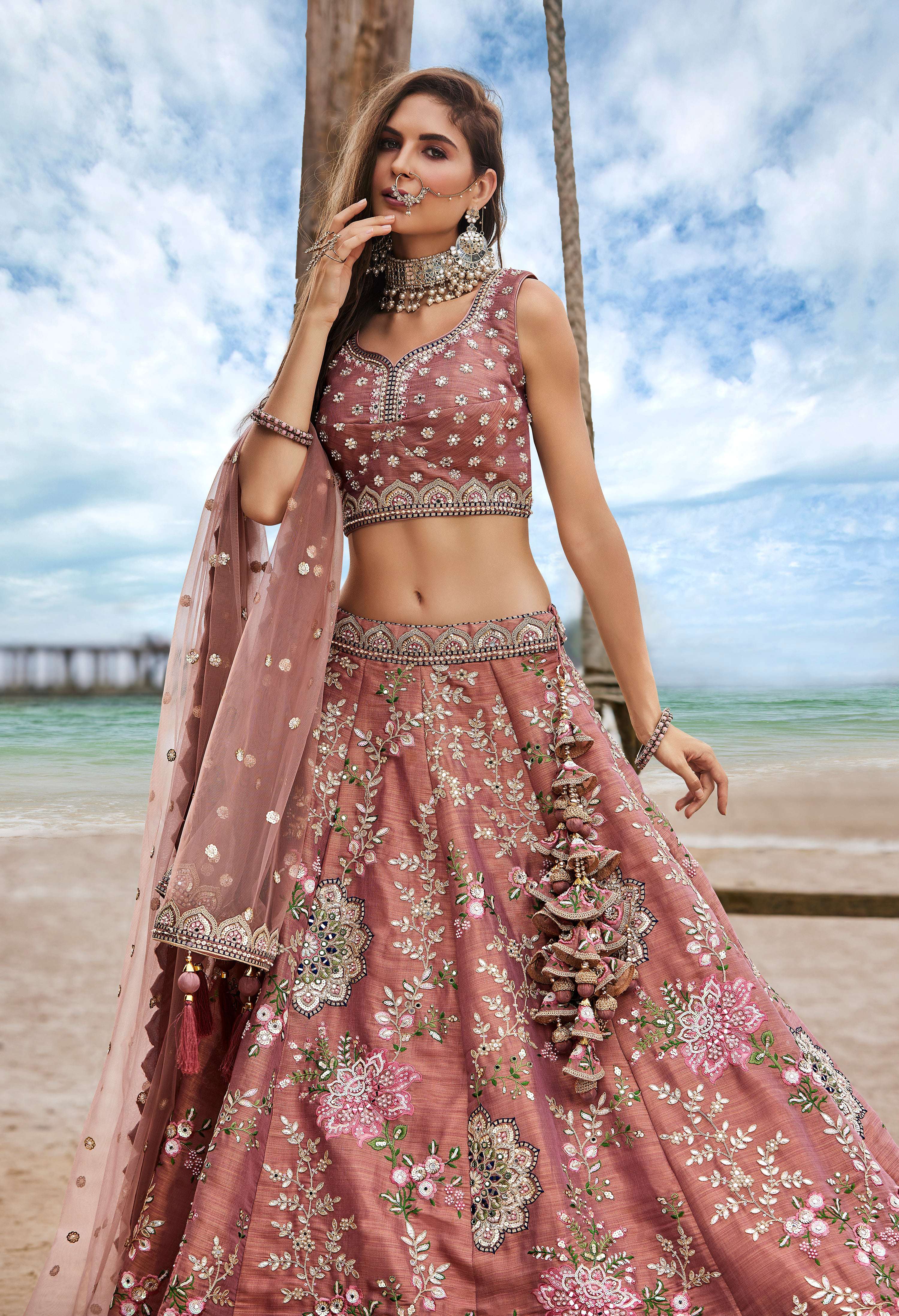 House of Panchhi Rose Gold Net Sequins, Moti, Mirror And Thread Embroidery Lehenga Choli & Dupatta