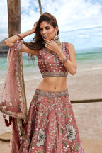 House of Panchhi Rose Gold Net Sequins, Moti, Mirror And Thread Embroidery Lehenga Choli & Dupatta