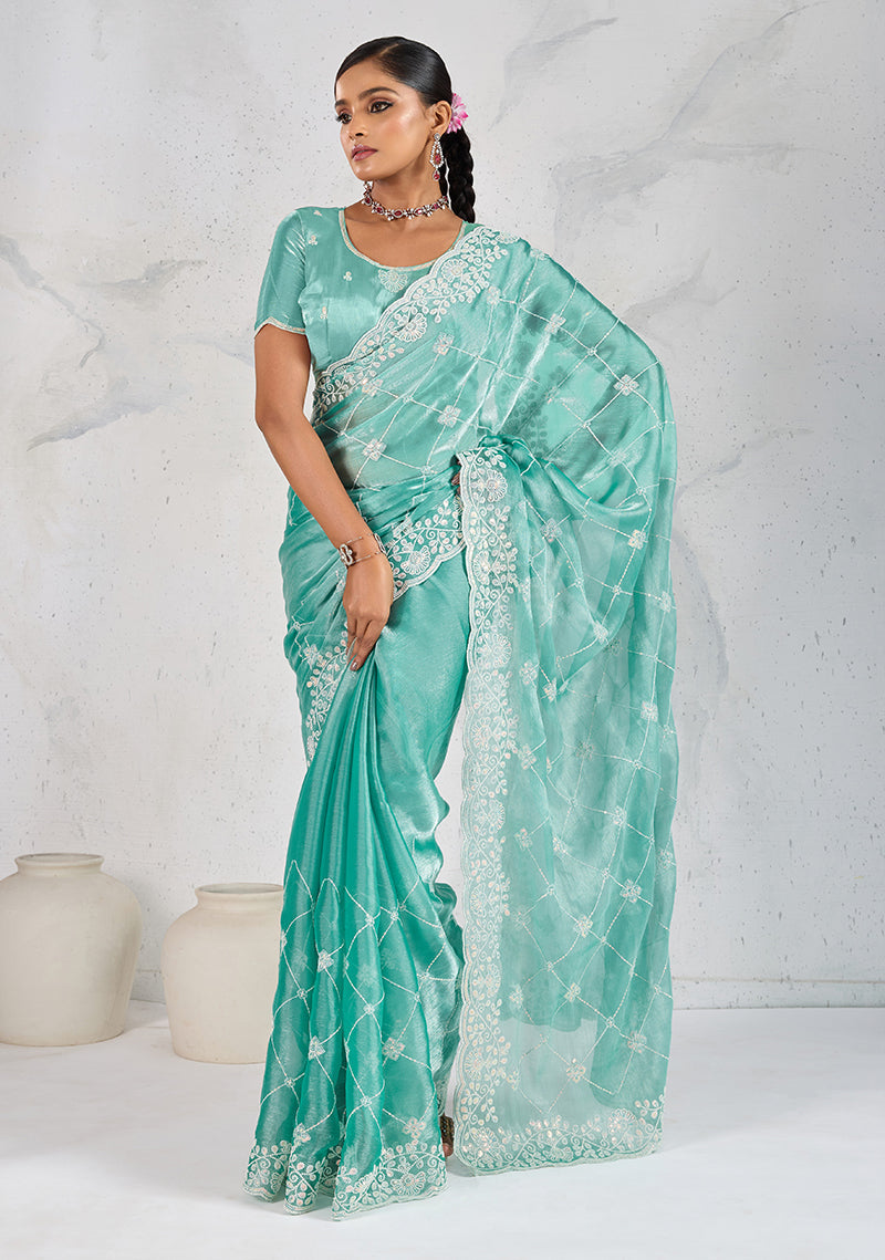 Monjolika Fashion Turquoise Thread Work Soft Burberry Ceremonial Trendy Saree