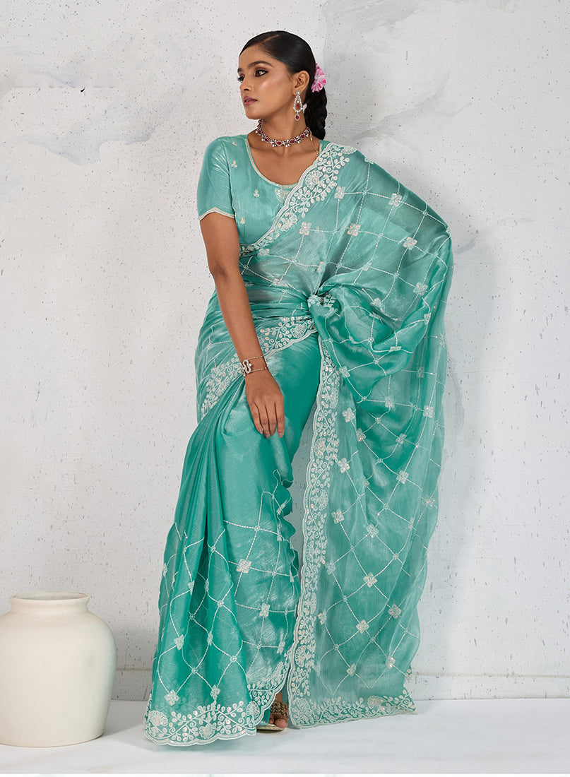 Monjolika Fashion Turquoise Thread Work Soft Burberry Ceremonial Trendy Saree