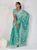 Monjolika Fashion Turquoise Thread Work Soft Burberry Ceremonial Trendy Saree
