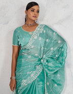 Monjolika Fashion Turquoise Thread Work Soft Burberry Ceremonial Trendy Saree