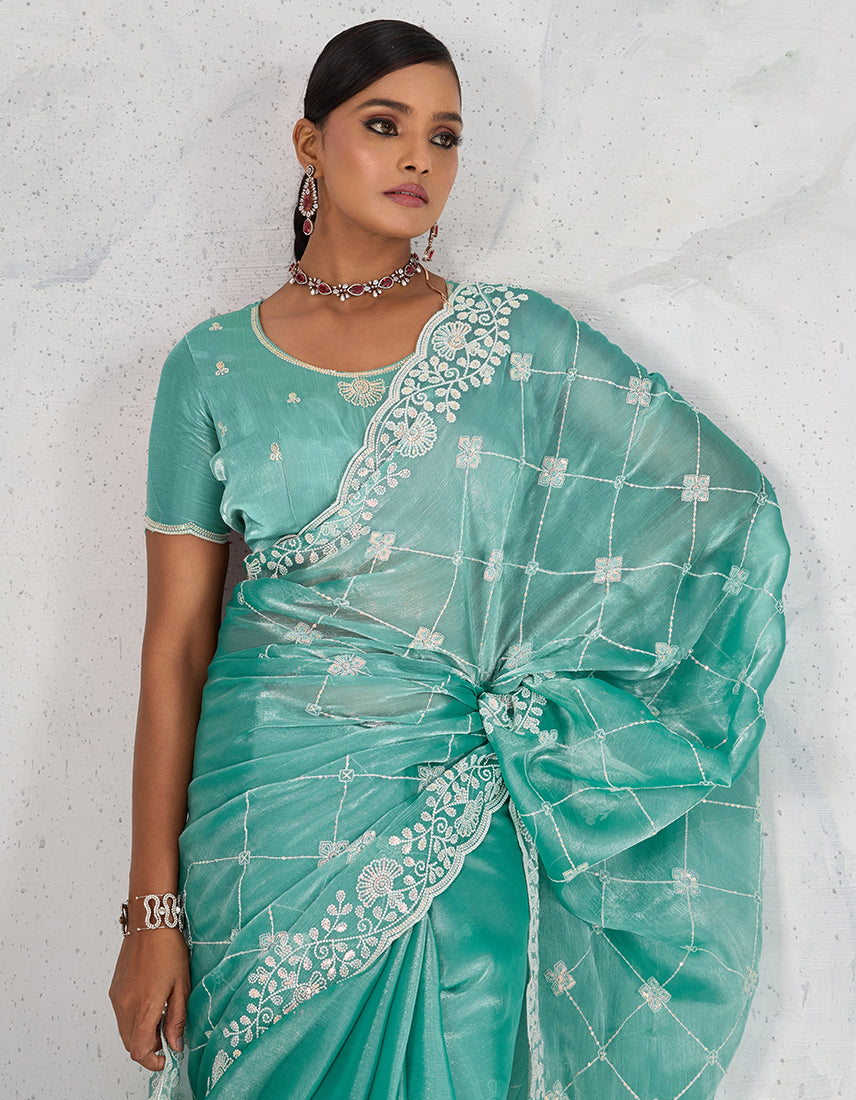 Monjolika Fashion Turquoise Thread Work Soft Burberry Ceremonial Trendy Saree