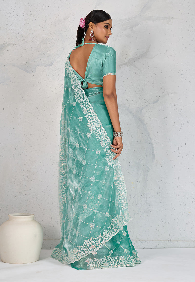 Monjolika Fashion Turquoise Thread Work Soft Burberry Ceremonial Trendy Saree