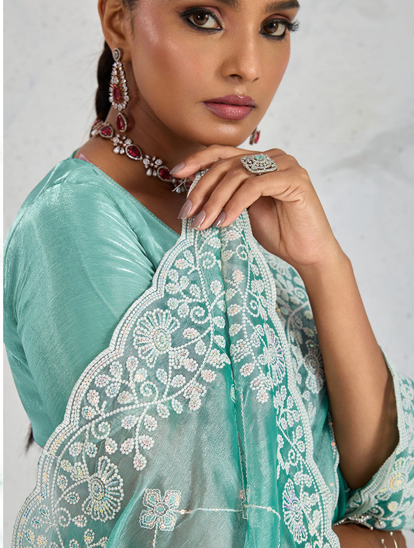 Monjolika Fashion Turquoise Thread Work Soft Burberry Ceremonial Trendy Saree