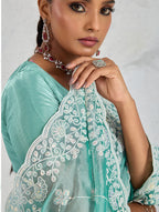 Monjolika Fashion Turquoise Thread Work Soft Burberry Ceremonial Trendy Saree