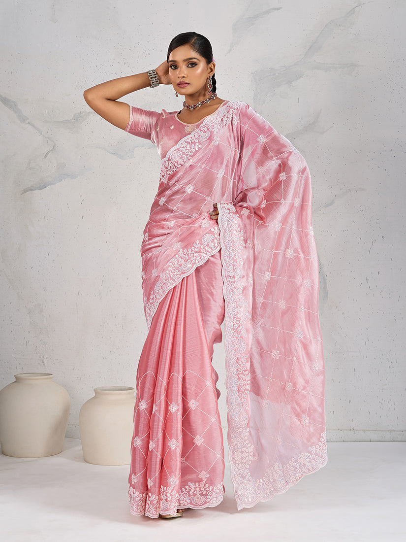 Monjolika Fashion Light Pink Thread Work Soft Burberry Ceremonial Trendy Saree