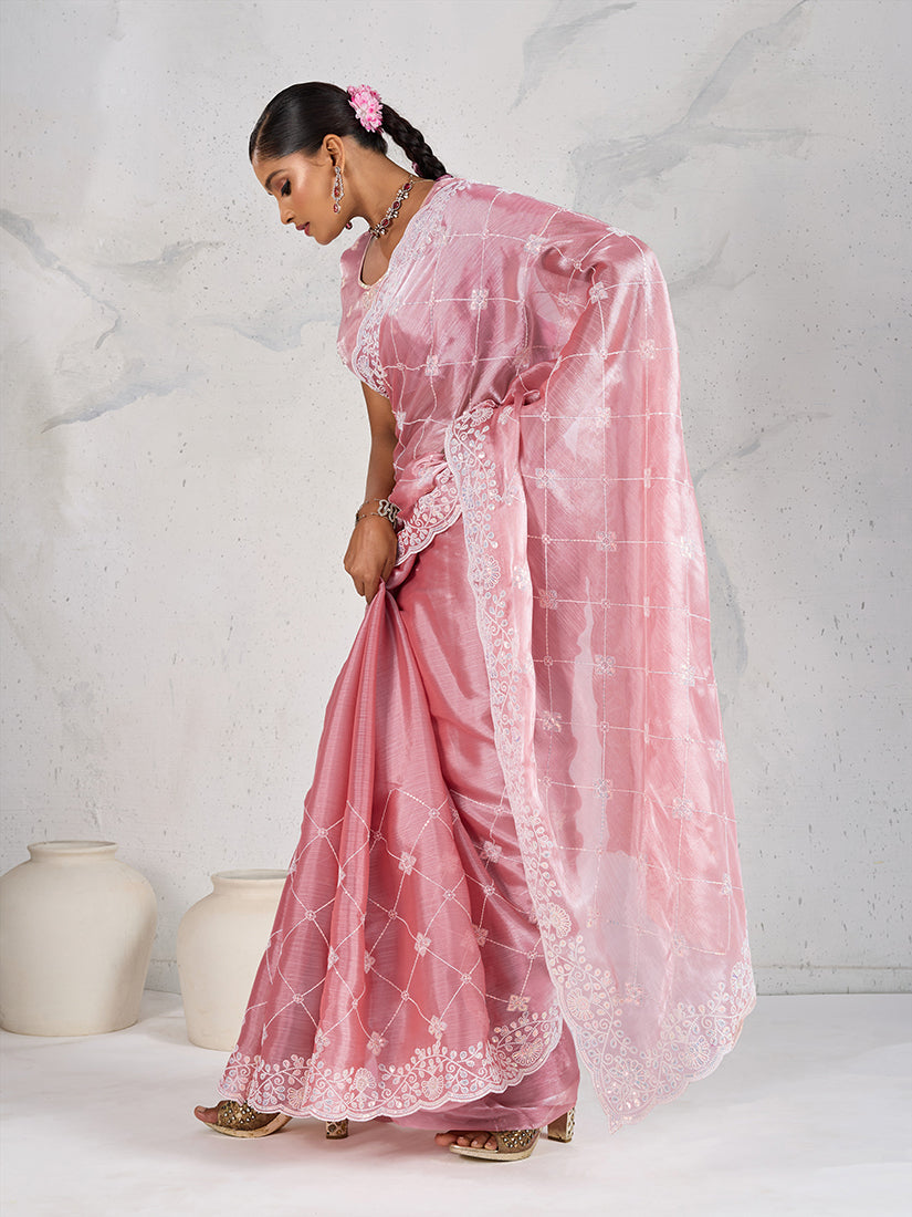 Monjolika Fashion Light Pink Thread Work Soft Burberry Ceremonial Trendy Saree