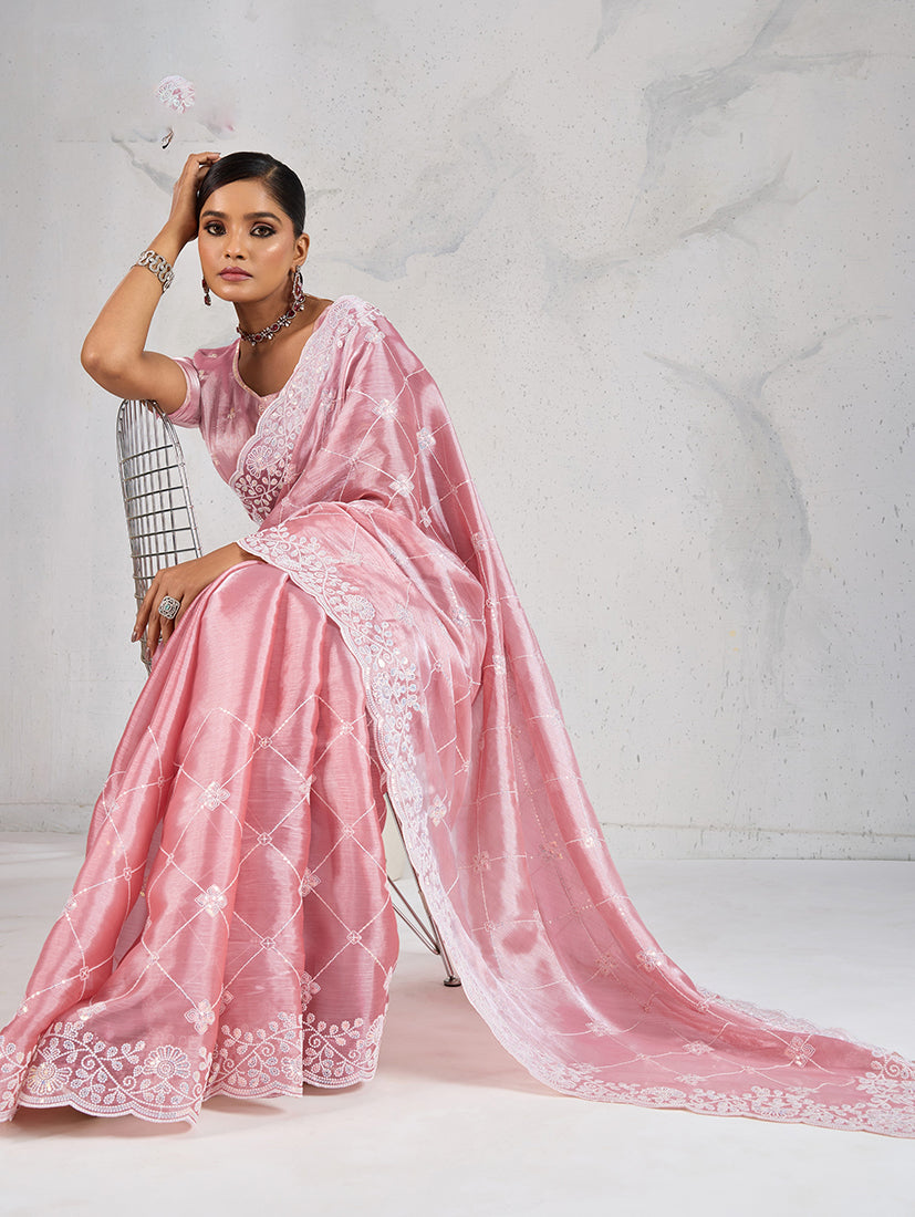 Monjolika Fashion Light Pink Thread Work Soft Burberry Ceremonial Trendy Saree