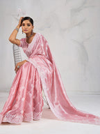 Monjolika Fashion Light Pink Thread Work Soft Burberry Ceremonial Trendy Saree