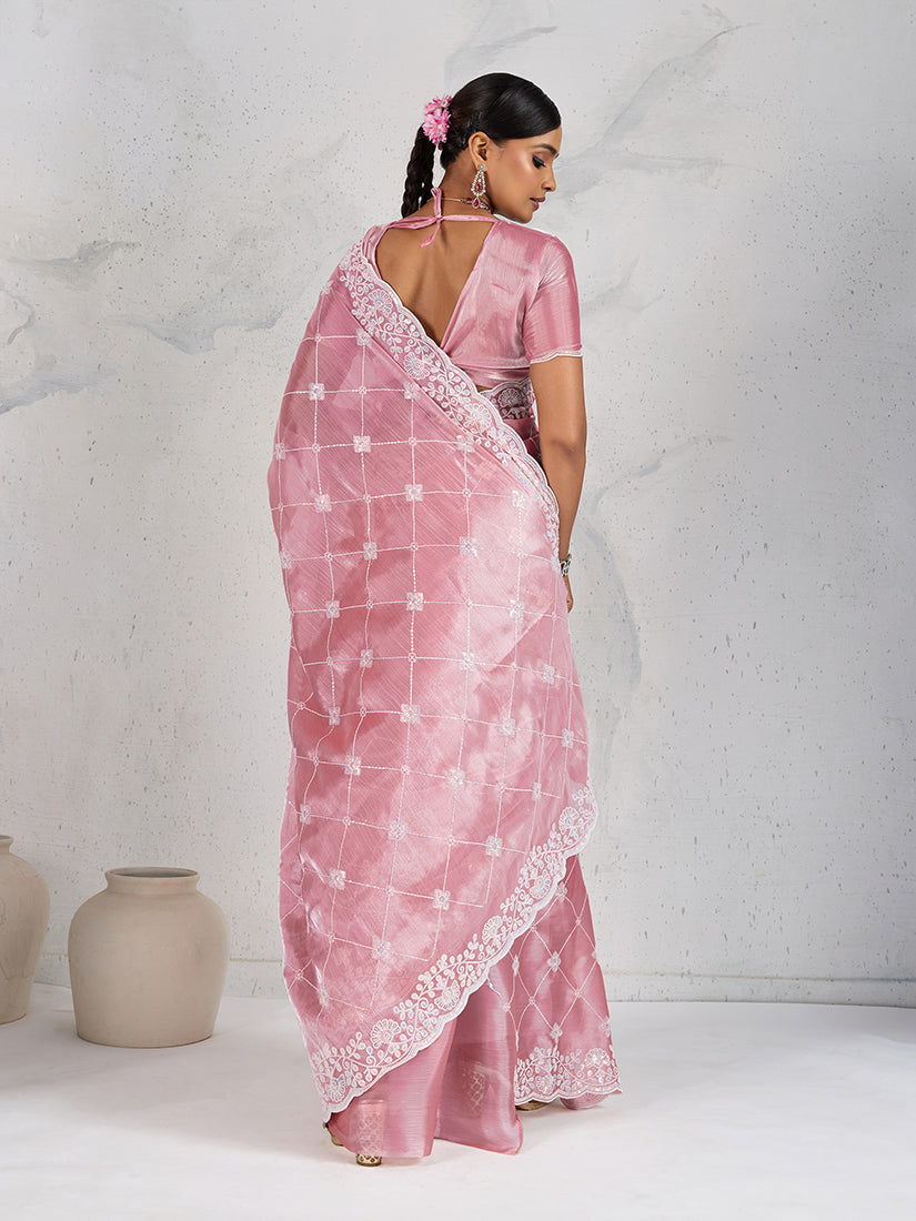 Monjolika Fashion Light Pink Thread Work Soft Burberry Ceremonial Trendy Saree