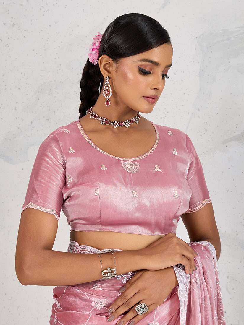 Monjolika Fashion Light Pink Thread Work Soft Burberry Ceremonial Trendy Saree