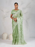 Monjolika Fashion Light Green Thread Work Soft Burberry Ceremonial Trendy Saree