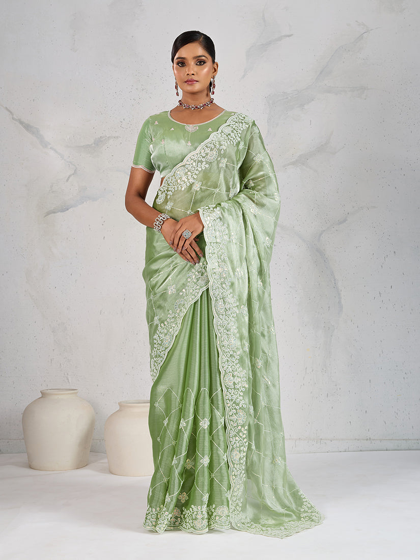 Monjolika Fashion Light Green Thread Work Soft Burberry Ceremonial Trendy Saree