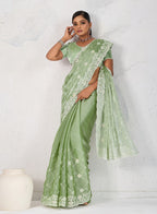Monjolika Fashion Light Green Thread Work Soft Burberry Ceremonial Trendy Saree