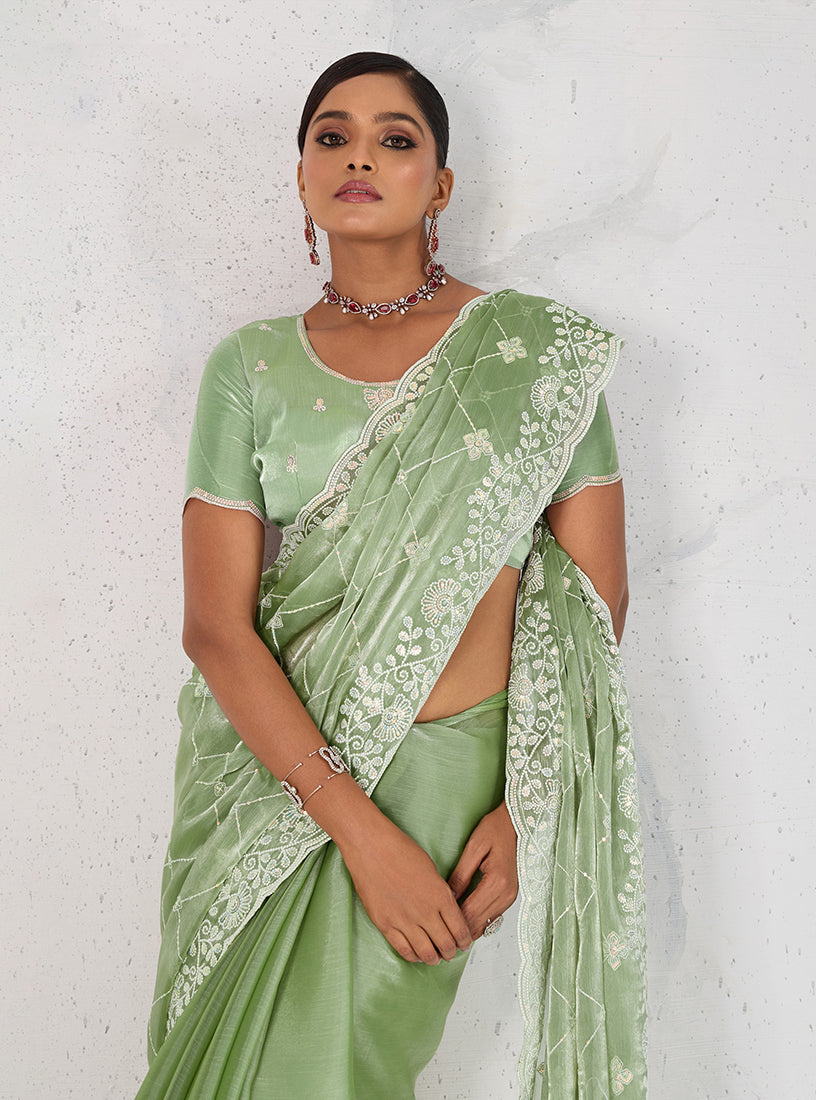 Monjolika Fashion Light Green Thread Work Soft Burberry Ceremonial Trendy Saree