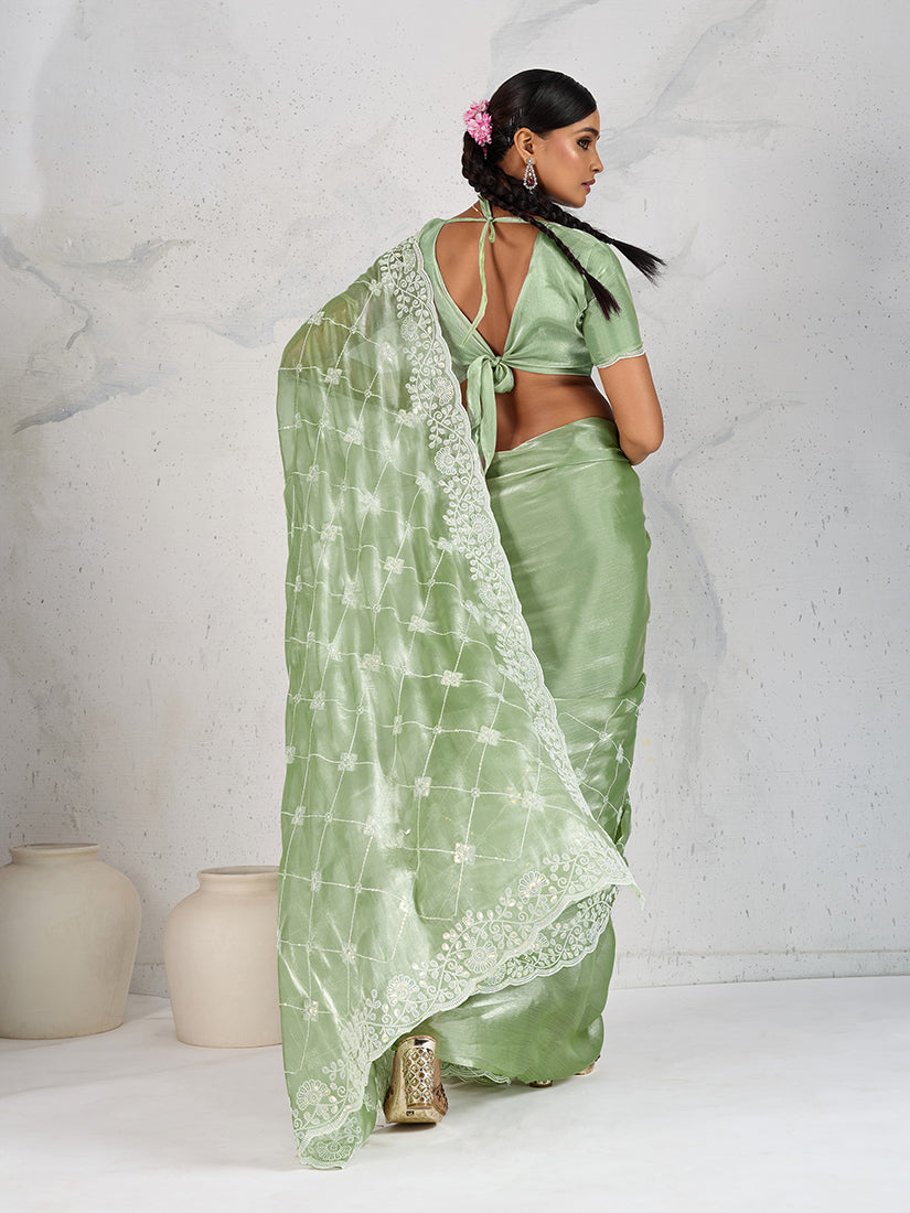 Monjolika Fashion Light Green Thread Work Soft Burberry Ceremonial Trendy Saree