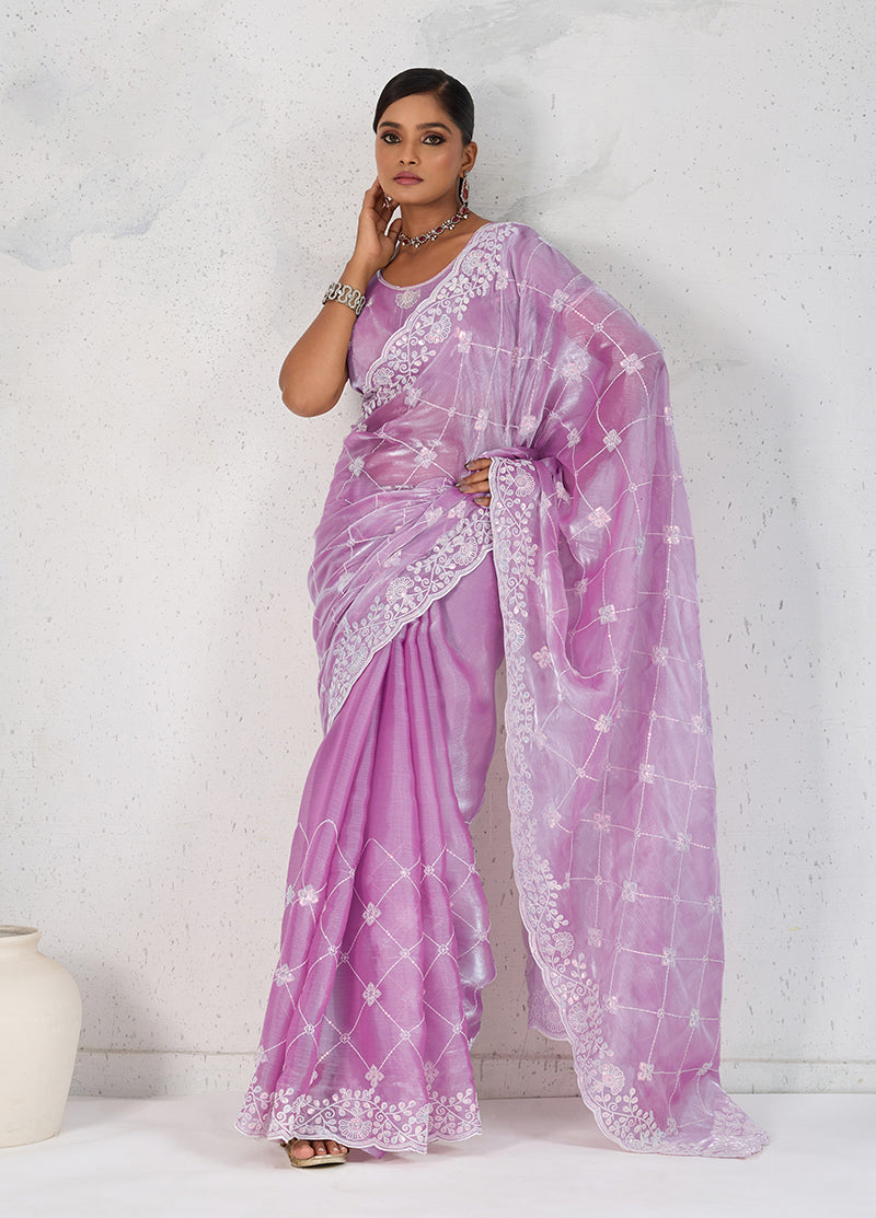 Monjolika Fashion Lavender Thread Work Soft Burberry Ceremonial Trendy Saree