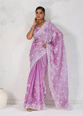 Monjolika Fashion Lavender Thread Work Soft Burberry Ceremonial Trendy Saree