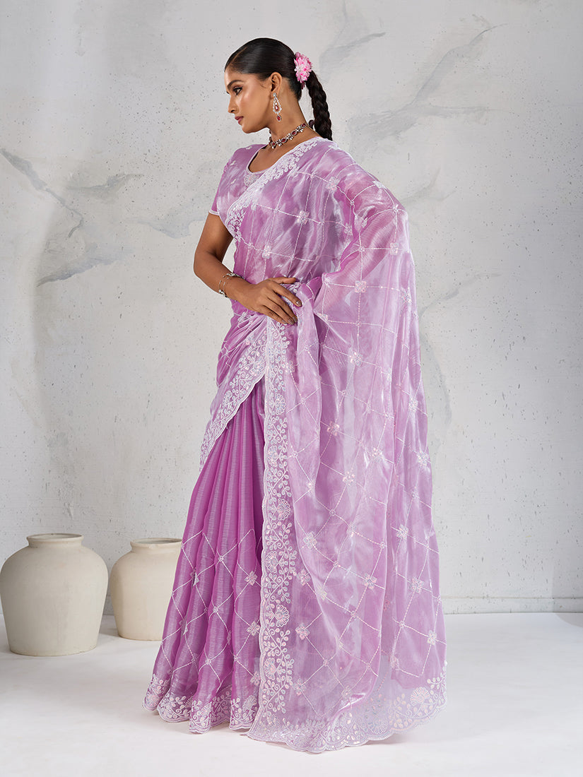 Monjolika Fashion Lavender Thread Work Soft Burberry Ceremonial Trendy Saree