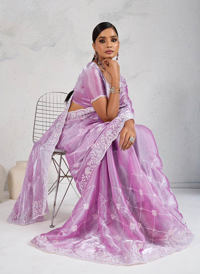 Monjolika Fashion Lavender Thread Work Soft Burberry Ceremonial Trendy Saree