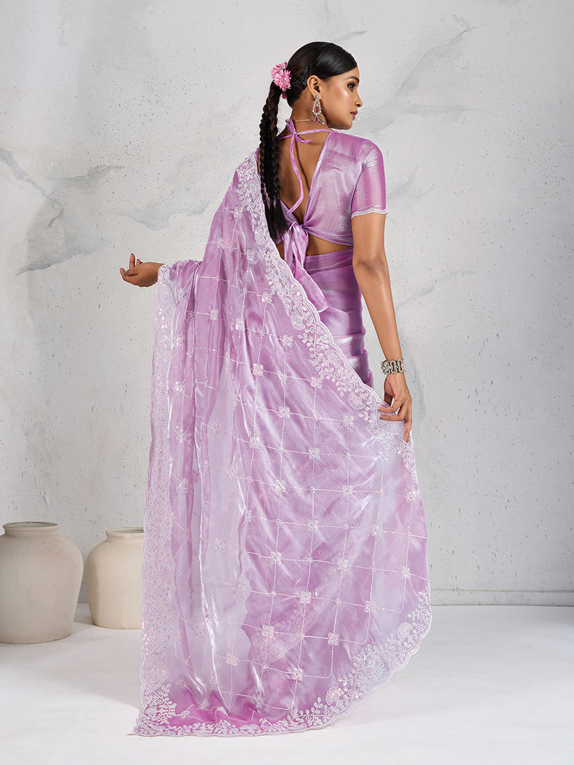 Monjolika Fashion Lavender Thread Work Soft Burberry Ceremonial Trendy Saree