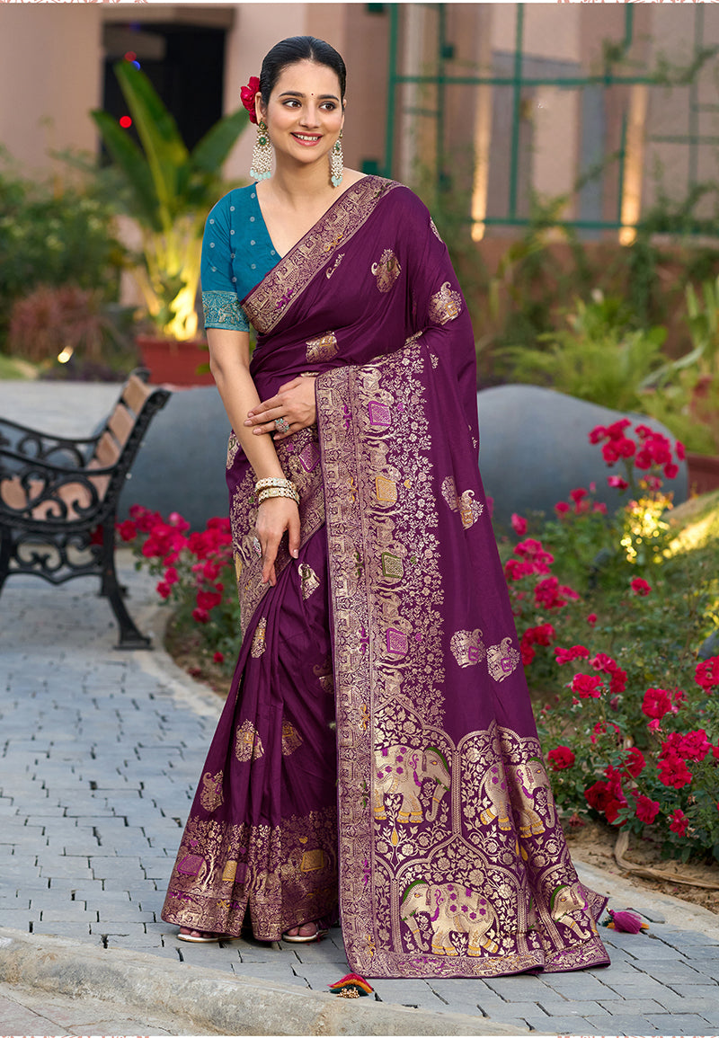 Monjolika Fashion Indian Traditional Wear Purple Color Dola Silk Saree