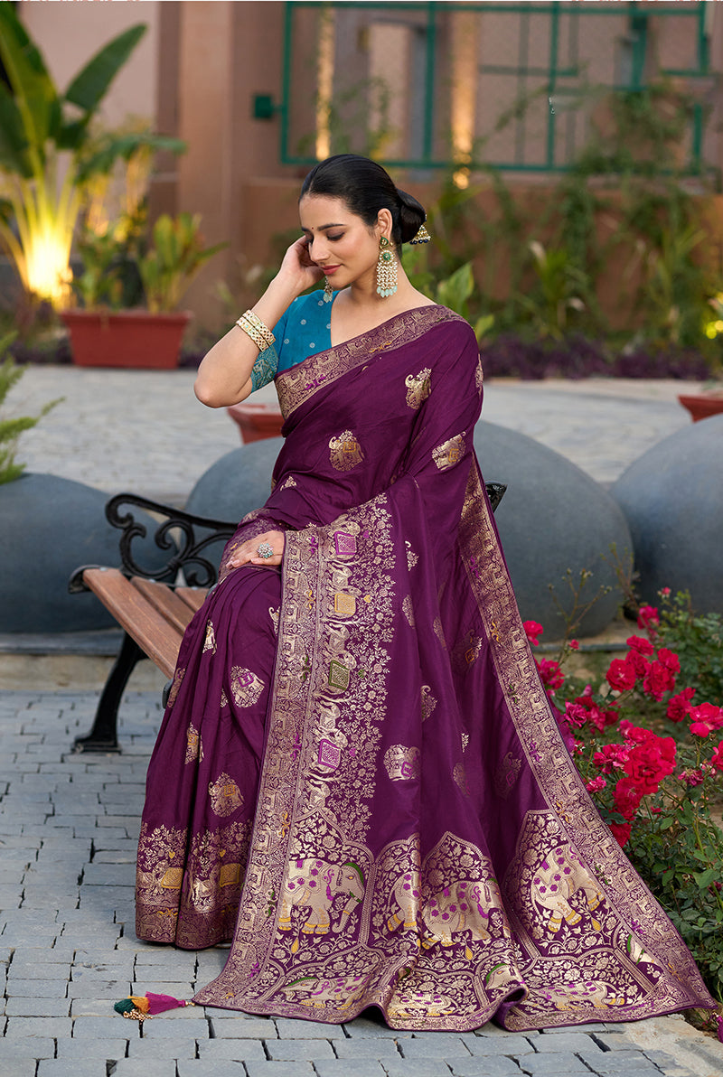 Monjolika Fashion Indian Traditional Wear Purple Color Dola Silk Saree
