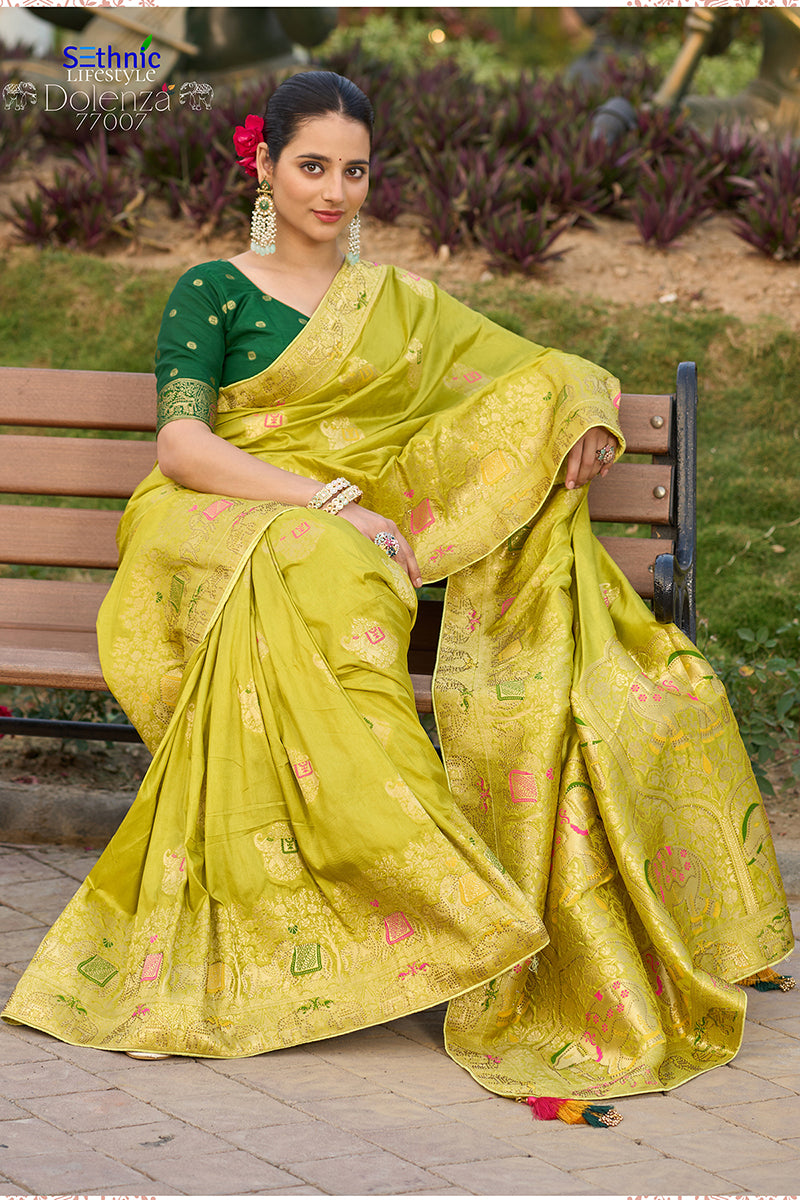 Monjolika Fashion Indian Traditional Wear Parrot Green Color Dola Silk Saree