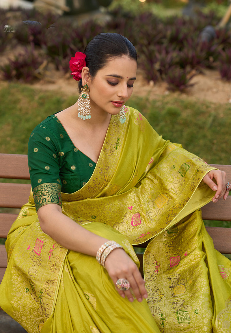 Monjolika Fashion Indian Traditional Wear Parrot Green Color Dola Silk Saree