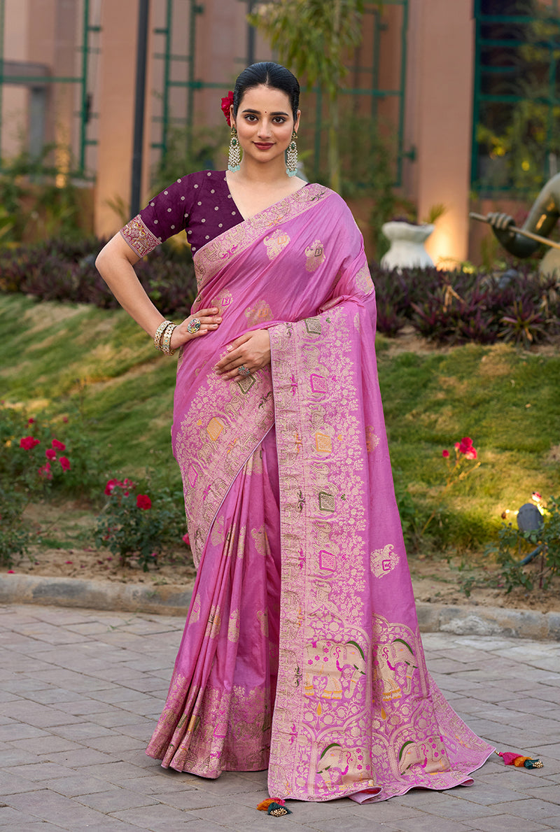 Monjolika Fashion Indian Traditional Wear Rose Pink Color Dola Silk Saree