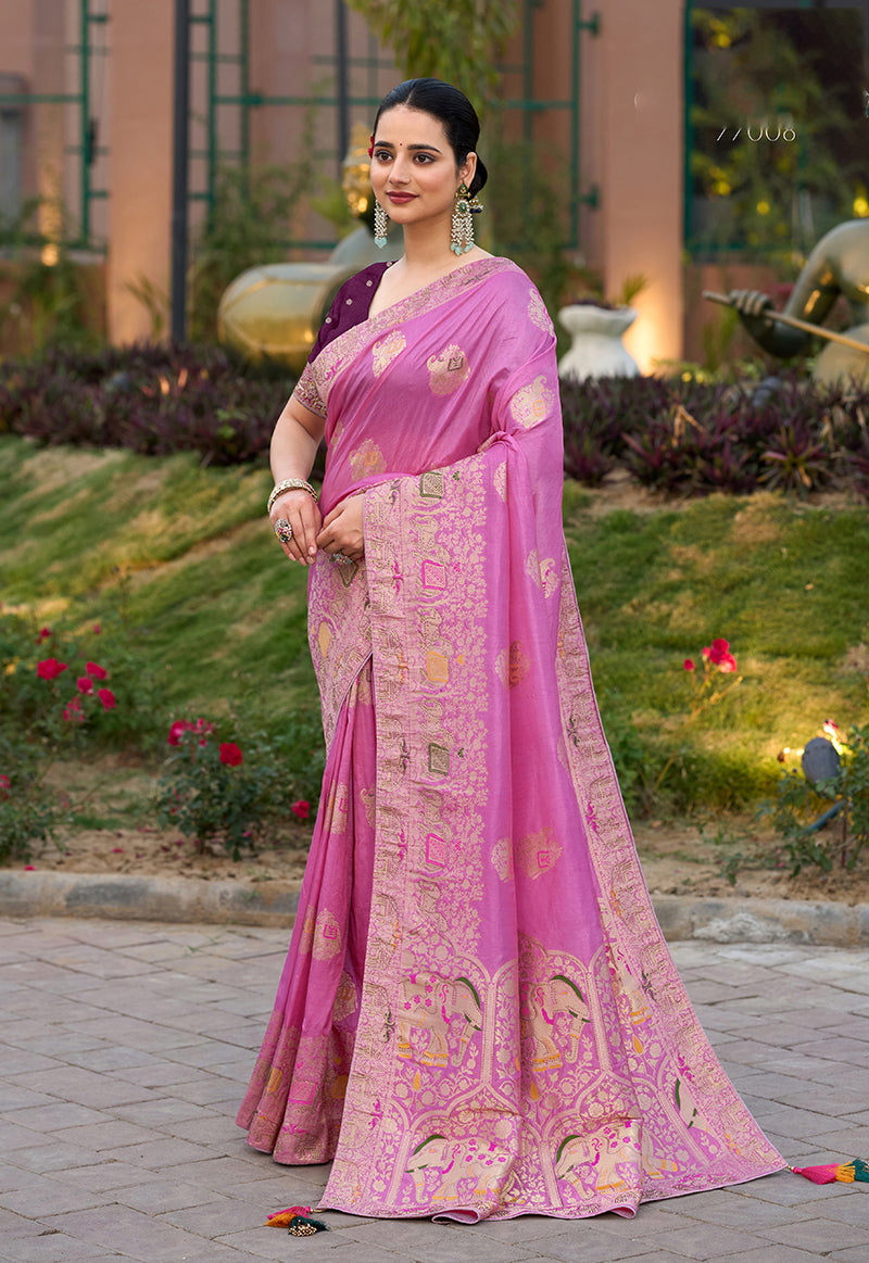 Monjolika Fashion Indian Traditional Wear Rose Pink Color Dola Silk Saree