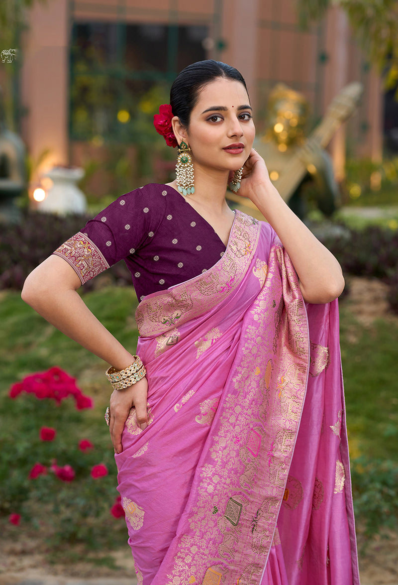 Monjolika Fashion Indian Traditional Wear Rose Pink Color Dola Silk Saree