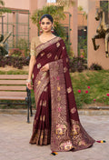 Monjolika Fashion Indian Traditional Wear Maroon Color Dola Silk Saree