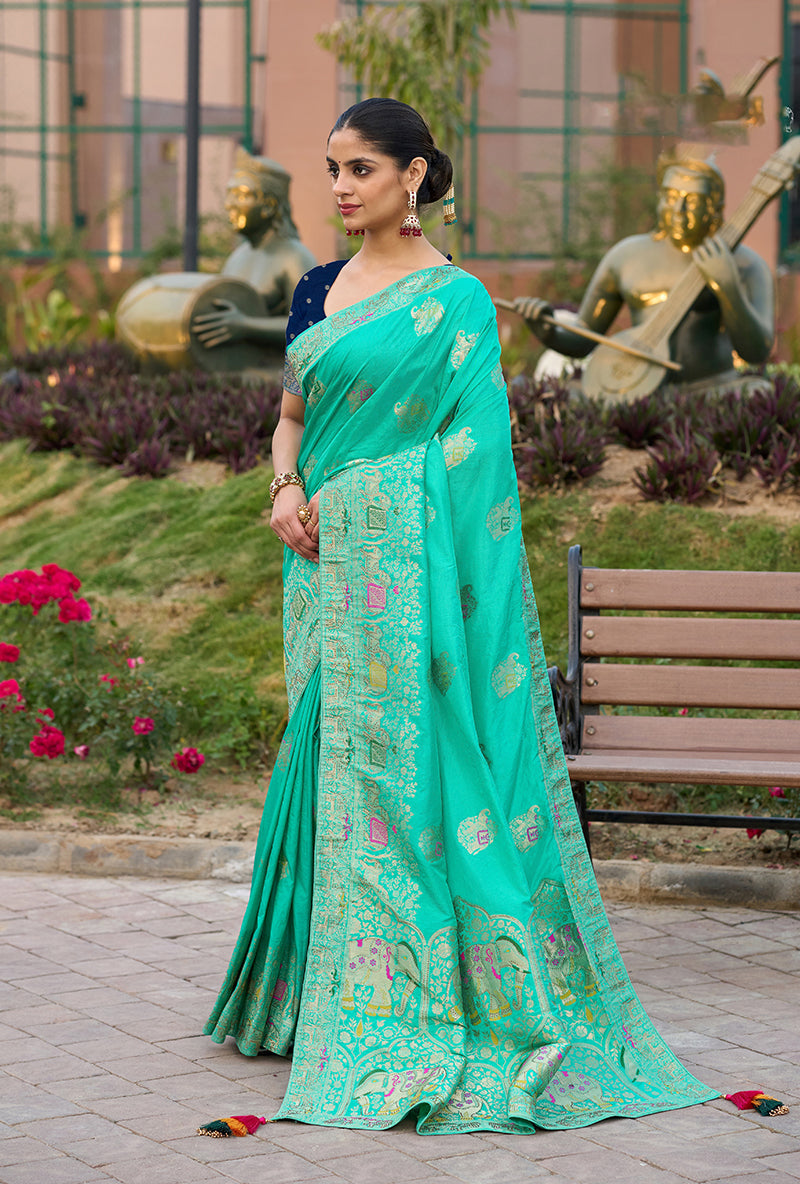 Monjolika Fashion Indian Traditional Wear Turquoise Color Dola Silk Saree