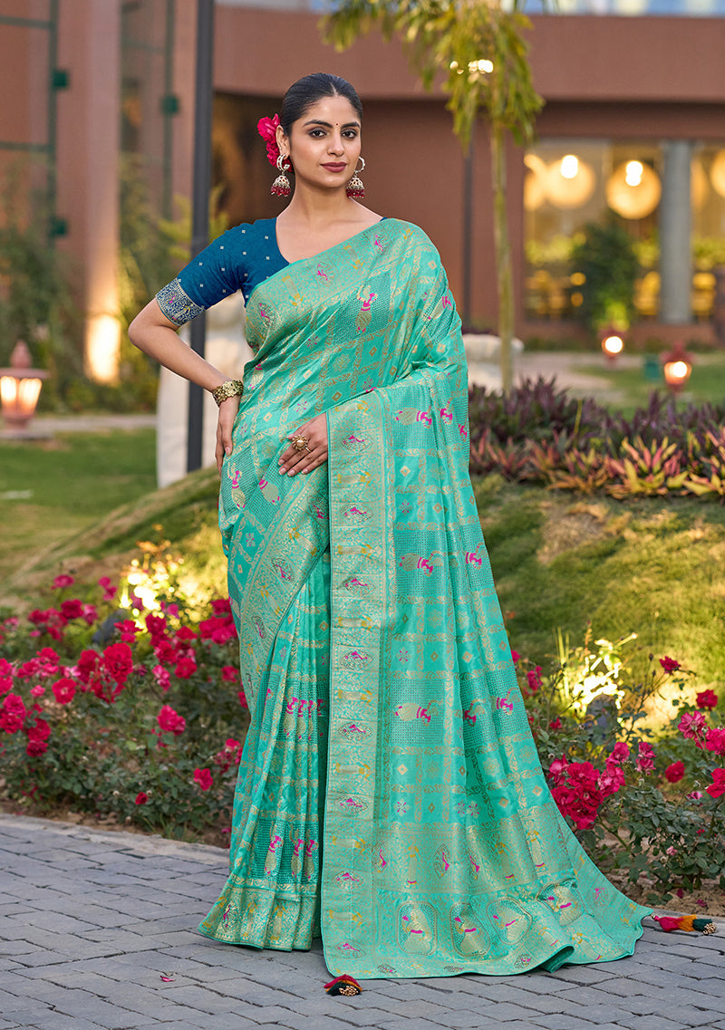 Monjolika Fashion Turquoise Color Dola Silk Gharchola Design Rich Pallu Work Saree