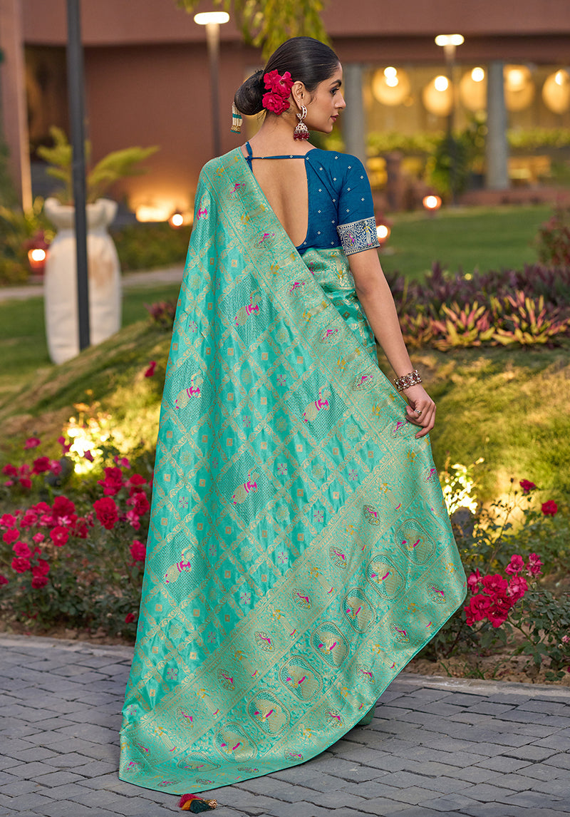 Monjolika Fashion Turquoise Color Dola Silk Gharchola Design Rich Pallu Work Saree