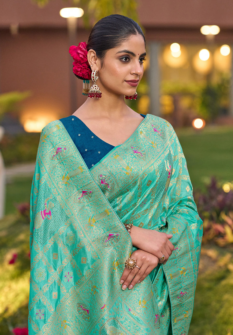Monjolika Fashion Turquoise Color Dola Silk Gharchola Design Rich Pallu Work Saree