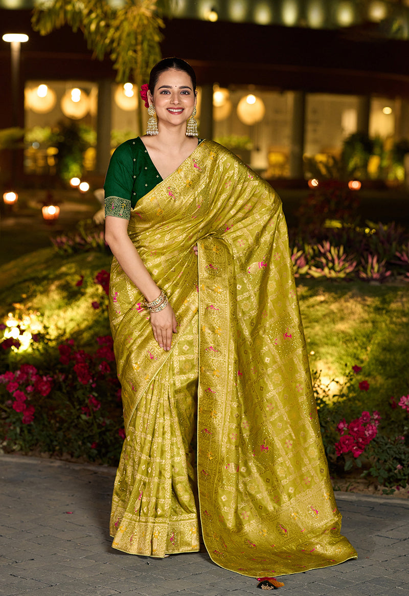 Monjolika Fashion Parrot Green Color Dola Silk Gharchola Design Rich Pallu Work Saree