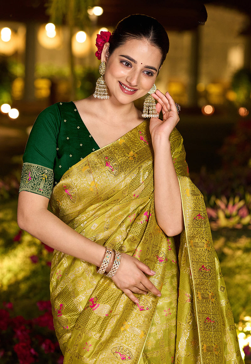 Monjolika Fashion Parrot Green Color Dola Silk Gharchola Design Rich Pallu Work Saree