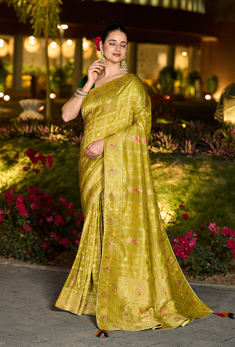 Monjolika Fashion Parrot Green Color Dola Silk Gharchola Design Rich Pallu Work Saree