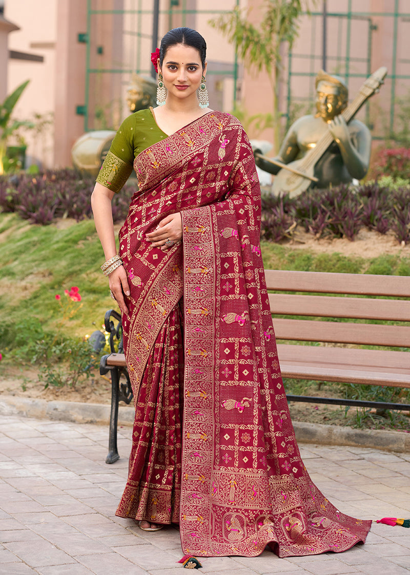 Monjolika Fashion Maroon Color Dola Silk Gharchola Design Rich Pallu Work Saree