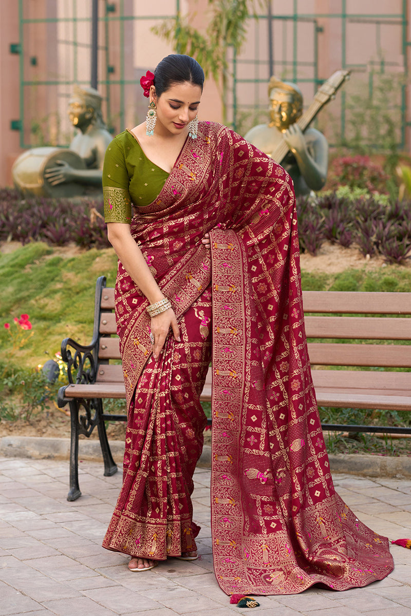Monjolika Fashion Maroon Color Dola Silk Gharchola Design Rich Pallu Work Saree