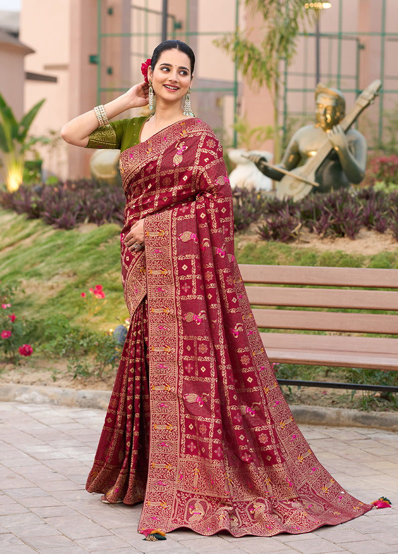 Monjolika Fashion Maroon Color Dola Silk Gharchola Design Rich Pallu Work Saree