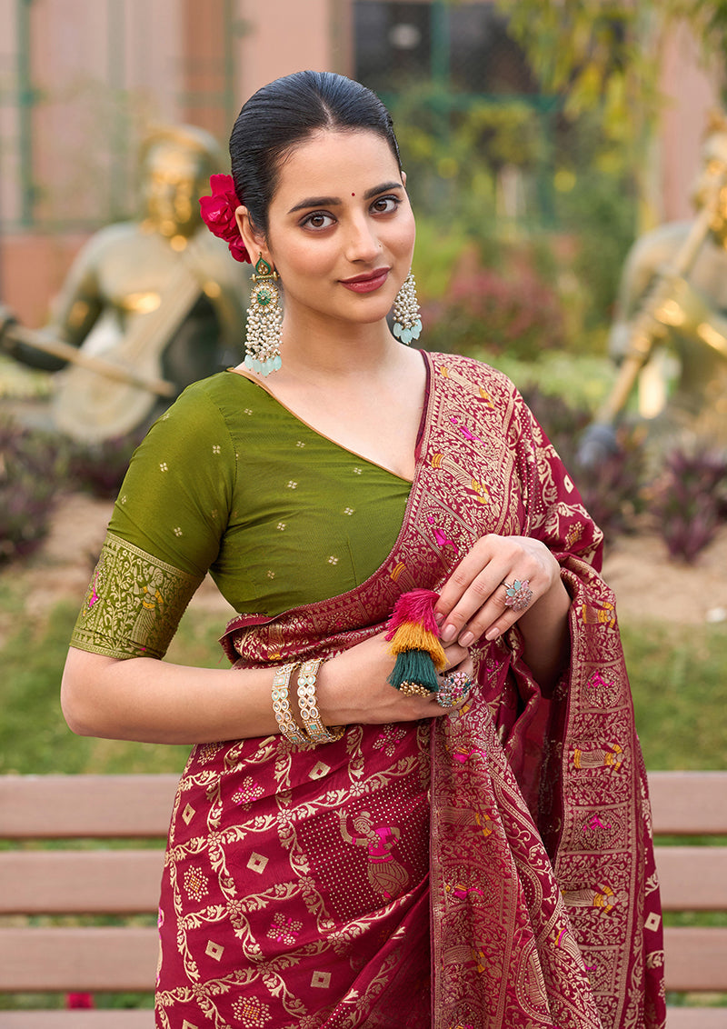 Monjolika Fashion Maroon Color Dola Silk Gharchola Design Rich Pallu Work Saree