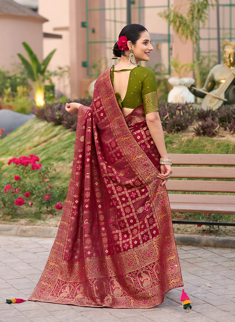 Monjolika Fashion Maroon Color Dola Silk Gharchola Design Rich Pallu Work Saree