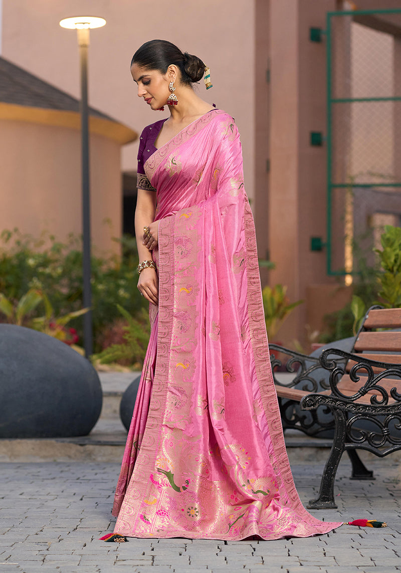 Monjolika Fashion Dola Silk Meenakari Weave Work Traditional Saree In Light Pink